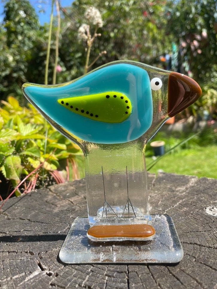 Fused Glass Bird/Blue Bird/Tweetie Bird/ Cute glass Bird/Long legged Bird/Art Glass Bird
